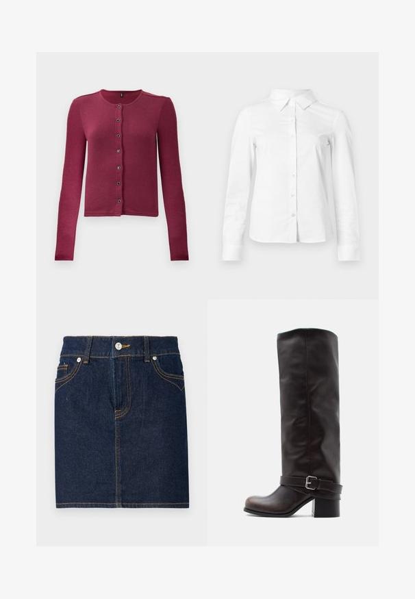 Gilet boutonné à manches longues côtelé en rose foncé, avec un col rond et sept boutons noirs et argentés sur le devant.; Chemise blanche à manches longues avec boutons, col pointu, ourlet droit et silhouette ajustée, présentée sur un fond clair uni.; Jupe en denim bleu foncé avec des coutures visibles, design à cinq poches et fermeture par bouton à l'avant. Coupe droite avec un ourlet net.; Botte montante en cuir brun foncé avec bout arrondi, petit talon bloc, et sangle décorative avec boucle argentée près de la cheville.