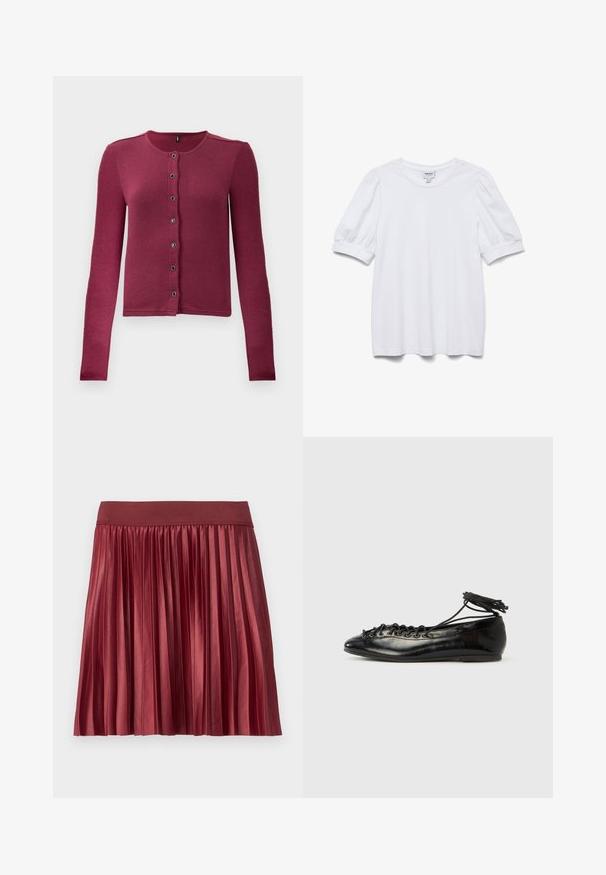Ribbede langærmede knap-up cardigan i mørk pink med rund hals og syv sorte og sølv knapper ned langs fronten.; Hvid kortærmet top med rund halsudskæring og puffede ærmer. Lavet af glat stof, med et mærke mærket "AWARE."; Plisseret nederdel lavet af skinnende, burgunder stof med en bred, elastisk talje. Længden er over knæet, med lodrette plisseringer over det hele.; Sorte balletflade sko i laklæder med rundet tå, snørelukning og flad sål. Glat tekstur med få detaljer.