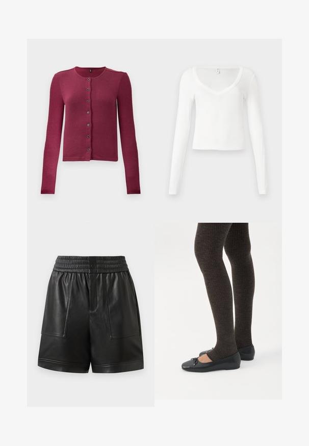 Cárdigan de botones de manga larga con relieve en rosa oscuro, con cuello redondo y siete botones negros y plateados en la parte delantera.; Camiseta blanca de manga larga con cuello en V, ajustada y corta, con una textura simple y suave en la tela, sobre un fondo neutro.; Pantalones cortos de imitación cuero negro con cinturilla elástica, botón a presión en la parte delantera, grandes bolsillos de parche en la parte delantera y dobladillo recto.; Piernas con leggings oscuros acanalados combinados con bailarinas negras que presentan pequeños detalles de lazo sobre un fondo blanco.
