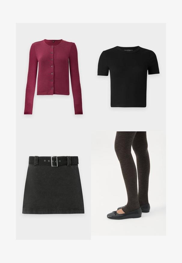 Gilet boutonné à manches longues côtelé en rose foncé, avec un col rond et sept boutons noirs et argentés sur le devant.; T-shirt noir ajusté à manches courtes, texture côtelée et col rond. Design simple, sans logo ni ornement visible.; Jupe mini en denim noir avec une ceinture assortie présentant une boucle métallique et des passants de ceinture, affichée à plat sur un fond blanc.; Jambes portant des leggings côtelés foncés associés à des ballerines noires avec de petits détails en nœud sur fond blanc.