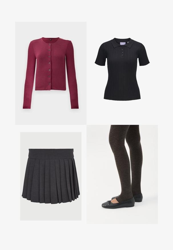 Ribbede langærmede knap-up cardigan i mørk pink med rund hals og syv sorte og sølv knapper ned langs fronten.; Sort kortærmet ribstrikket polo i strik med fire knapper og traditionelt krave.; Grå plisseret nederdel med flad talje og lynlås, lavet af et struktureret stof med jævnt fordelte dybe plisseringer.; Ben iført mørke ribbede leggings kombineret med sorte balletsko med små sløjfedetaljer på hvid baggrund.