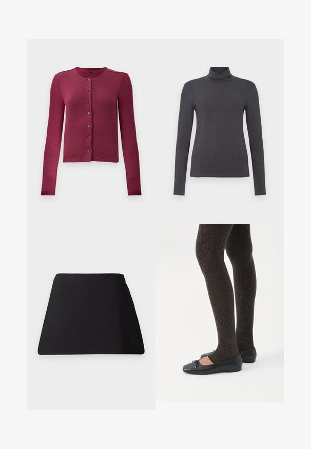 Ribbede langærmede knap-up cardigan i mørk pink med rund hals og syv sorte og sølv knapper ned langs fronten.; Mørkegrå turtleneck med lange ærmer, lavet af et blødt stof. Har en tætsiddende pasform og minimal syning.; Sort trapezformet stofbetræk med blød overflade, sømløst design og uden synligt hardware. Simpel form, der er velegnet til flere anvendelser.; Ben iført mørke ribbede leggings kombineret med sorte balletsko med små sløjfedetaljer på hvid baggrund.