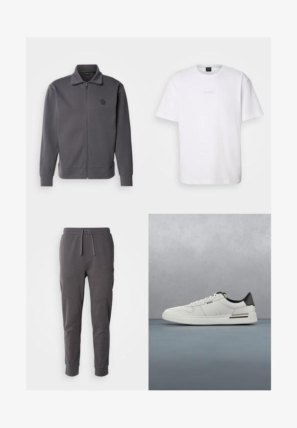 Grijze zip-up jas van gladde stof, met een hoge kraag, ribgebreide manchetten en een hexagonaal logo op de linkerkant van de borst.; Witte katoenen T-shirt met korte mouwen, ronde halslijn en reliëf 'BOSS' logo op de borst. Veilig textuur, standaard pasvorm.; Grijze joggingsbroek gemaakt van zachte stof met een elastische tailleband, voorzien van zijzakken en een taps toelopend ontwerp aan de enkels.; Witte lage sneaker met zwarte hiel, vetersluiting, subtiele perforaties en het "BOSS" logo aan de zijkant, getoond vanuit het zijprofiel.
