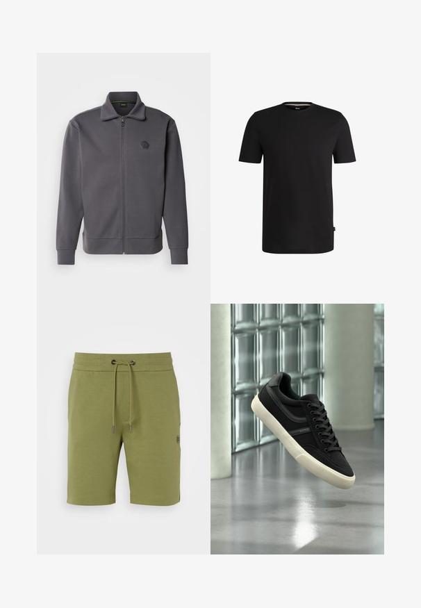 Veste zippée grise en tissu lisse, dotée d'un col montant, de poignets côtelés et d'un logo en forme d'hexagone sur la poitrine gauche.; T-shirt noir à manches courtes en coton lisse avec un col rond. Présente une étiquette de marque discrète sur le côté gauche près de l'ourlet.; Shorts vert olive en tissu doux. Dotés d'une taille élastique avec cordon de serrage, de poches latérales et d'un petit logo sur le côté.; Baskets basses noires avec semelle et lacets blancs, de la marque "BOSS", flottant à l'intérieur près de fenêtres en blocs de verre et de piliers en béton.