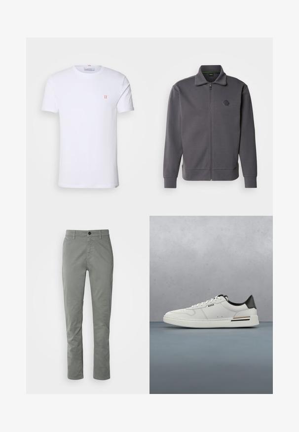 Veste zippée grise en tissu lisse, dotée d'un col montant, de poignets côtelés et d'un logo en forme d'hexagone sur la poitrine gauche.; T-shirt en coton blanc à manches courtes, avec un petit logo orange "II" sur la poitrine gauche et un col rond. Design et texture simples.; BOSS CHINO TAPERED - Chino - open grey; Sneaker basse blanche avec talon noir, fermeture à lacets, perforations subtiles et logo "BOSS" sur le côté, vue depuis le profil extérieur.