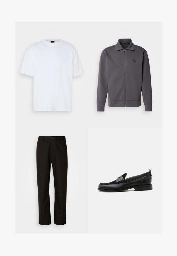 Grijze zip-up jas van gladde stof, met een hoge kraag, ribgebreide manchetten en een hexagonaal logo op de linkerkant van de borst.; Witte katoenen T-shirt met ronde hals, korte mouwen en een ontspannen pasvorm. Heeft textuur op de schoudernaden voor extra detail.; Zwarte katoenen broek met een rechte snit, riemlussen, een ritssluiting aan de voorkant en een enkele knoopsluiting. Soepele textuur zonder zichtbare patronen.; Zwarte leren loafer met grijs riemdetailelement, lage hak en gestructureerde zool, aan de zijkant gebrandmerkt met "HUGO" in goud.