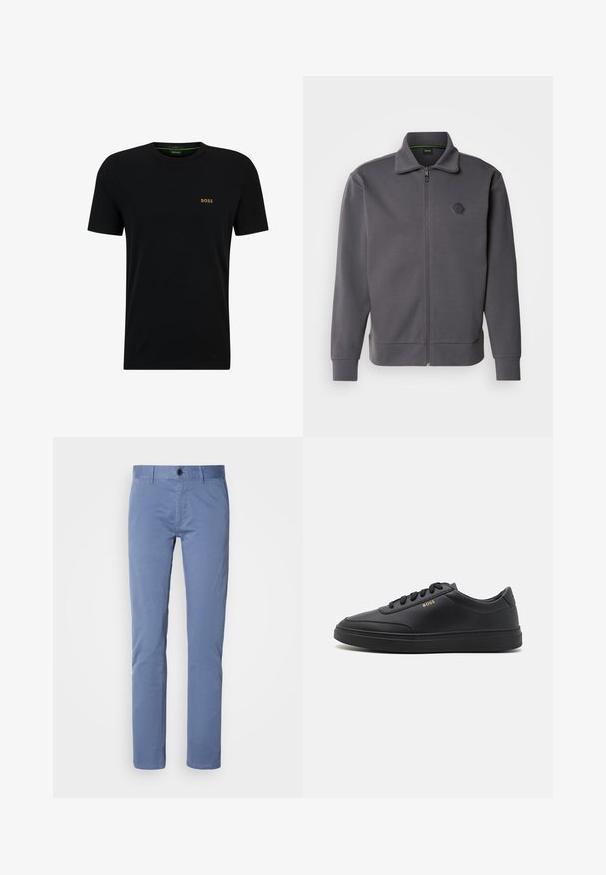 Chaqueta gris con cremallera hecha de tela suave, con un cuello alto, puños acanalados y un logo hexagonal en el lado izquierdo del pecho.; Camiseta de algodón negra con cuello redondo, mangas cortas y un pequeño logo dorado en el lado izquierdo del pecho. Textura suave y diseño sencillo.; Chinos de algodón azul claro con una textura suave, diseño de pierna recta y un cierre de botón único en la cintura. Ajuste entallado con bolsillos laterales.; Zapatillas de cuero negro con una textura suave, punta redondeada, suela plana de goma y cordones a tono. Presentan el logotipo dorado "BOSS" en el lateral.