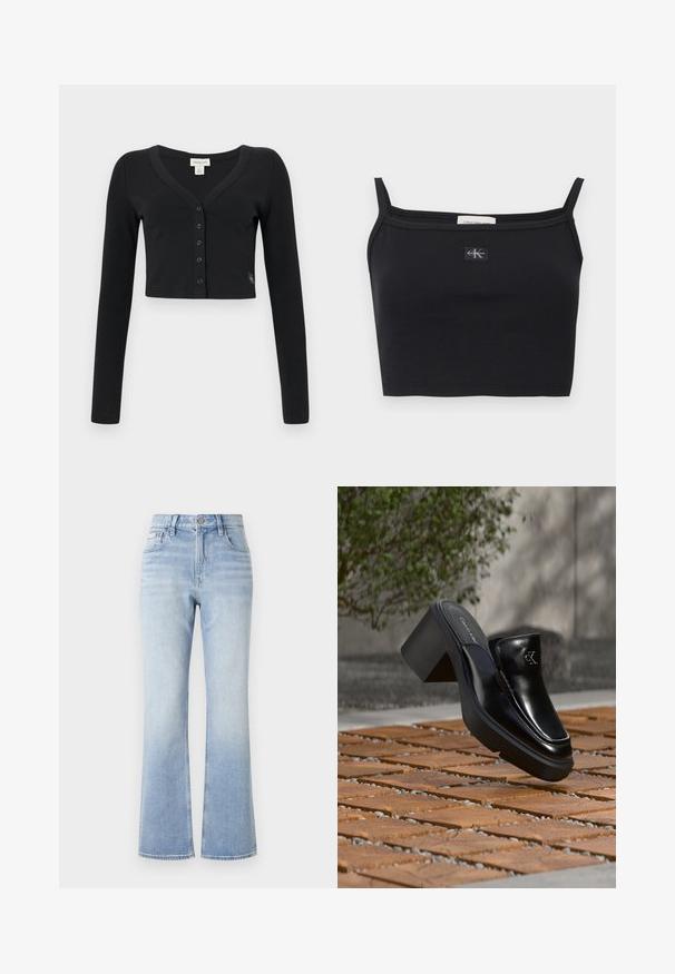 Zwarte cropped cardigan van ribgebreide stof. Heeft lange mouwen, een V-hals en een rij van zes knopen aan de voorkant. Minimalistisch design.; Zwart geribbeld cropped topje met dunne bandjes en een klein Calvin Klein-logo patch in het midden van de borst.; Lichtblauwe denim flared jeans met een hoge taille, contrasterende stiksels, voorvakken en een subtiele vervaging naar de zoom toe.; Zwarte leren Calvin Klein slip-on mule met blokhak rustend op houten tegels buiten, vlak bij een groene plant en een grijze muur.