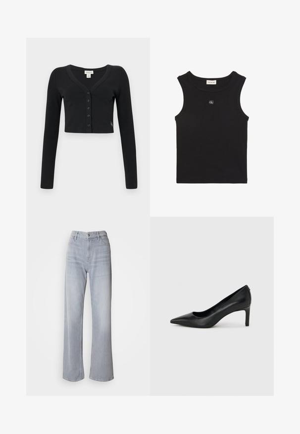 Cárdigan negro corto hecho de tela acanalada. Presenta mangas largas, un escote en V y una fila de seis botones en la parte delantera. Diseño minimalista.; Top sin mangas negro acanalado con cuello redondo, etiqueta Calvin Klein Jeans dentro del cuello y pequeño parche con el logo CK en el pecho.; Jeans de pernera ancha en gris claro, con cintura alta, hechos de denim. Presentan bolsillos frontales, cremallera y un leve desvanecimiento por toda la prenda.; Zapato de salón negro de piel con punta afilada y tacón delgado de altura media sobre un fondo liso de color gris claro.