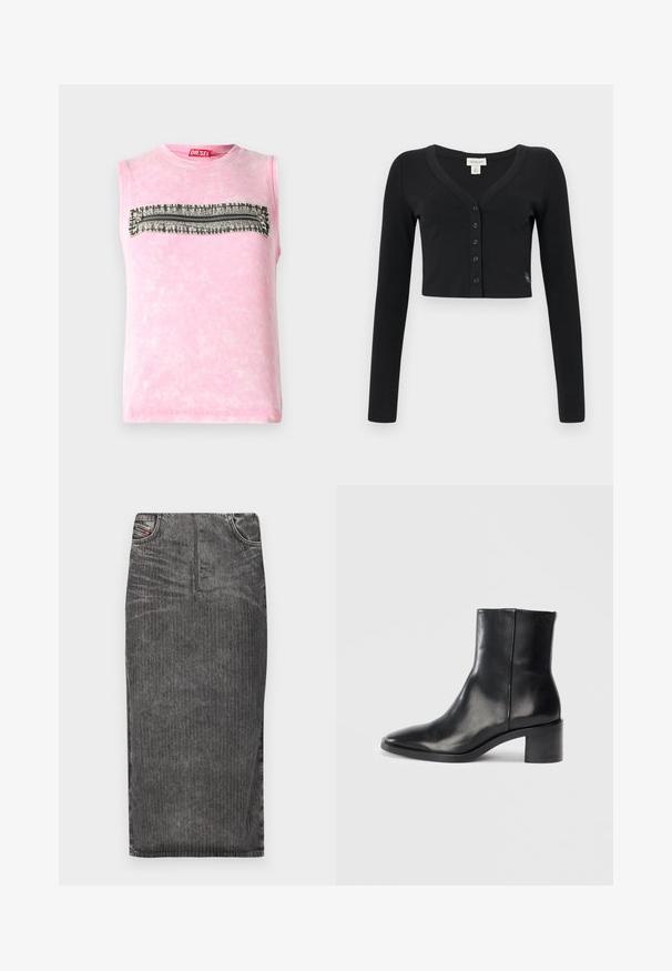 Sort cropped cardigan lavet af ribbet stof. Har lange ærmer, en V-hals og en række af seks knapper foran. Minimalistisk design.; Subløs pink bomulds t-shirt med en vandret sort-hvid mønsterstripe hen over brystet. Rund halsudskæring, blød tekstur.; Grå denim midi-skjørt med vertikale striber, med høj talje, fem lomme-design og en ren kant.; Sorte læderankelstøvle med spids tå, lav blokhæl og subtilt præget logo. Glat tekstur med et elegant design og minimal søm.