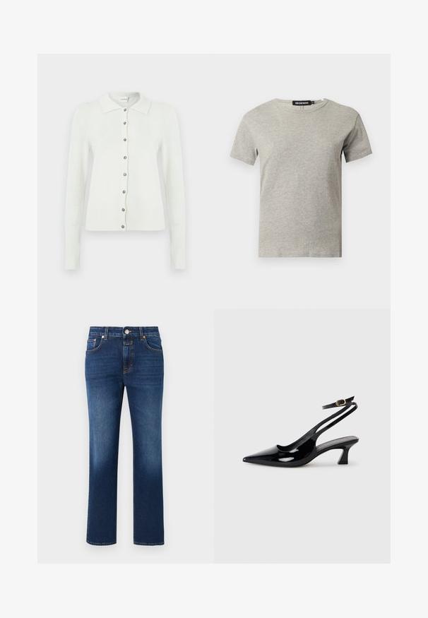 Cardigan blanc en tissu tricoté doux, doté d'un col, de manches longues et de six boutons argentés sur le devant, avec des poignets et un ourlet côtelés.; T-shirt en coton gris clair à manches courtes et col rond avec une étiquette noire visible à l'intérieur du col indiquant "DENIM" et la taille "S."; Jean en denim bleu foncé avec une coupe droite, conception à cinq poches et détails de couture subtils. Comprend une braguette zippée et une fermeture par bouton en métal.; Escarpins à brides arrière en cuir verni noir, à bout pointu, avec un petit talon carré et une sangle de cheville ajustable dotée d'une boucle dorée.