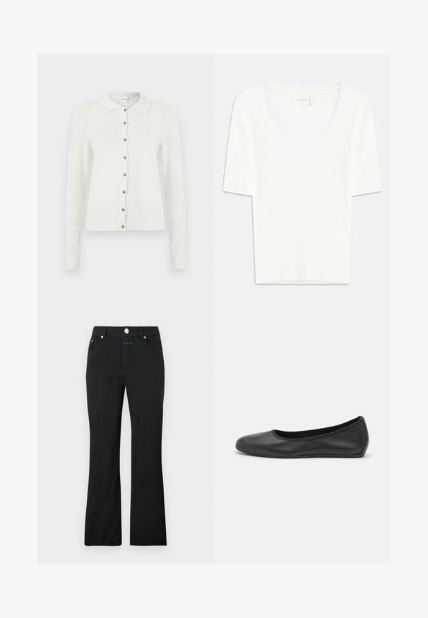 Cardigan blanc en tissu tricoté doux, doté d'un col, de manches longues et de six boutons argentés sur le devant, avec des poignets et un ourlet côtelés.; T-shirt blanc à manches courtes avec un col rond. Fabriqué en coton doux, il présente une coupe décontractée et un design minimaliste.; Jean noir à jambe droite avec poches avant, passants pour ceinture et fermeture métallique par bouton à la taille.; Ballerines en cuir noir avec un bout rond, texture lisse, détails de couture minimalistes et design de semelle flexible.