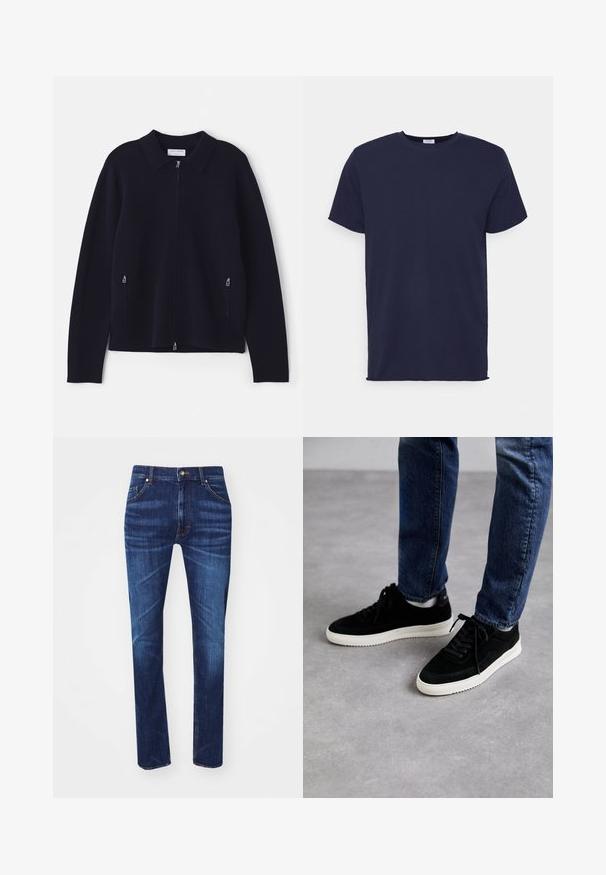 Marineblå striktrøje med krave, fuld lynlås og sidelommer med lynlås. Blød tekstur og afslappet pasform med lange ærmer.; Marineblå kortærmet t-shirt lavet af blødt stof. Har rund halsudskæring og en lige pasform uden mønstre eller accenter.; Mørkeblå denim jeans med lige ben-design, der har fem lommer, kontrasterende orange syninger og en klassisk metalknaplukning.; Sorte ruskind sneakers med en hvid gummisål, der har et klassisk low-top design, rundt tå og flade sorte snørebånd.