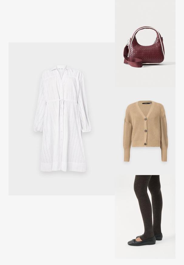 Cardigan en maille beige avec un col en V, des manches surdimensionnées et cinq boutons sur le devant. Présente des poignets côtelés et un tissu texturé.; Robe blanche à manches longues avec un devant boutonné, une taille nouée, un motif œillet et des manches froncées. Texture douce avec une coupe décontractée.; Jambes portant des leggings côtelés foncés associés à des ballerines noires avec de petits détails en nœud sur fond blanc.; Sac à main en cuir tressé marron foncé avec poignée courbée, garniture blanche, fermeture éclair argentée et bandoulière large en tissu amovible sur fond uni.
