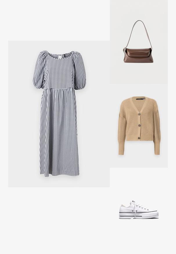Cárdigan de punto beige con escote en V, mangas de gran tamaño y cinco botones en el frente. Presenta puños acanalados y una tela texturizada.; Vestido de cuadros en blanco y negro, de longitud hasta la rodilla, con mangas abullonadas y escote cuadrado. Hecho de una tela ligera con cintura fruncida.; Zapatilla baja de lona blanca con cordones blancos, rayas negras en la suela y puntera de goma texturizada, vista lateral sobre fondo blanco.; Bolso de cuero marrón para hombro con una hebilla plateada en la correa y cierre de solapa plegable, mostrado sobre un fondo blanco.