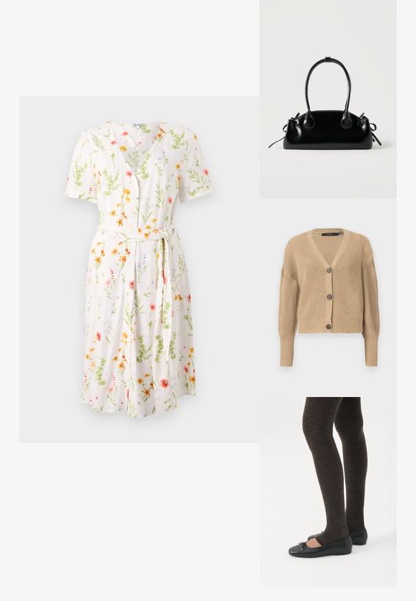 Beige strikket cardigan med V-hals, oversized ærmer og fem knapper ned langs fronten. Har ribbede manchetter og et struktureret stof.; Blomsterkjole med v-hals, korte ærmer og bælte i taljen. Lavet af letvægtigt stof med en cremet baggrund og farverige blomster.; Ben iført mørke ribbede leggings kombineret med sorte balletsko med små sløjfedetaljer på hvid baggrund.; Lille sort blank håndtaske med to lange håndtag og snøre-detaljer i siden på en ensfarvet lys baggrund.