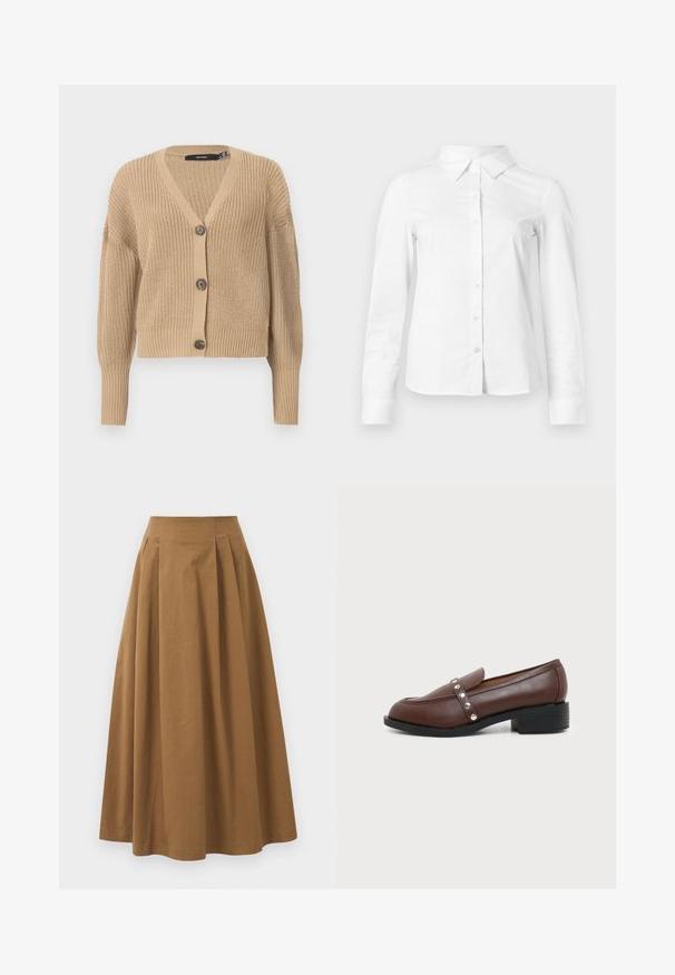 Beige strikket cardigan med V-hals, oversized ærmer og fem knapper ned langs fronten. Har ribbede manchetter og et struktureret stof.; Hvid skjorte med lange ærmer, knapper, spids krave, lige kant og tætsiddende silhuet, vist på en ensartet lys baggrund.; Brun bomulds A-linjeet nederdel med høj talje, præget af læg foran og en glat tekstur. Endeafslutningerne er enkle og rene.; Brun læderloafer med lav blokhæl og en rem dekoreret med metalliske nitter på hvid baggrund.