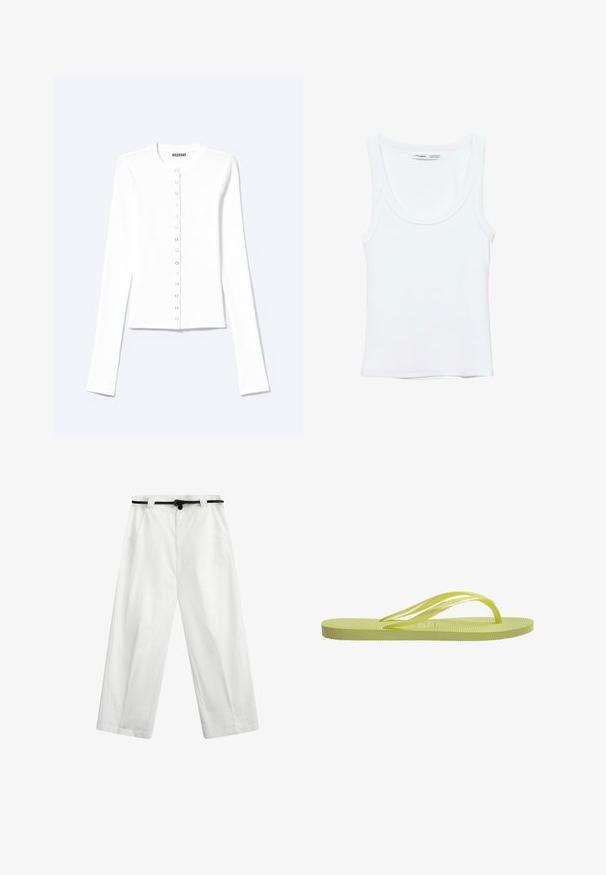 Cardigan blanc ajusté à manches longues avec encolure ronde et fermeture à pression sur le devant, étiqueté "Weekday".; Débardeur blanc uni sans manches avec encolure arrondie, fabriqué en tissu doux, étiquette à l'intérieur du col indiquant la marque et la taille.; Pantalon blanc à jambes larges avec poches latérales et une fine ceinture noire, présenté sur fond blanc.; Tongs vert lime avec semelle côtelée, fines lanières et semelle intérieure texturée. Fabriquées en caoutchouc, elles présentent un design minimaliste et une finition lisse.
