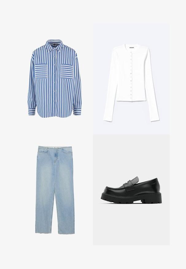 Weißer, taillierter Langarm-Cardigan mit rundem Ausschnitt und vorderem Druckknopfverschluss, mit der Aufschrift „Weekday“.; Blau-weiß gestreiftes Hemd mit Knopfleiste, langen Ärmeln und zwei Brusttaschen mit horizontalen Streifen. Baumwollmaterial, lockere Passform.; Hellblaue Denim-Jeans mit geradem Schnitt, hoher Taille, fünf Taschen und fransigen Saumdetails.; Schwarze Leder-Loafers mit einer chunky strukturierten Sohle, ausgestattet mit einem Riemen über dem Spann und einer glatten, polierten Oberfläche.