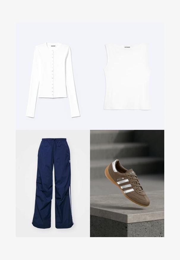 Weißer, taillierter Langarm-Cardigan mit rundem Ausschnitt und vorderem Druckknopfverschluss, mit der Aufschrift „Weekday“.; Weißes, ärmelloses, figurbetontes Tanktop mit rundem Ausschnitt und minimalistischem Design, innen am Kragen mit der Aufschrift „WEEKDAY“.; Navyblaue, leichte Hosen mit elastischem Bund und Kordelzug, versehen mit weißen Seitenstreifen und einem kleinen Logo vorne. Locker geschnittenes Design.; Brauner Wildledersneaker mit weißen Streifen und silbernen Akzenten, mit strukturierter Oberseite, Schnürdesign und Sohle aus Kautschuk in Kaugummifarben.
