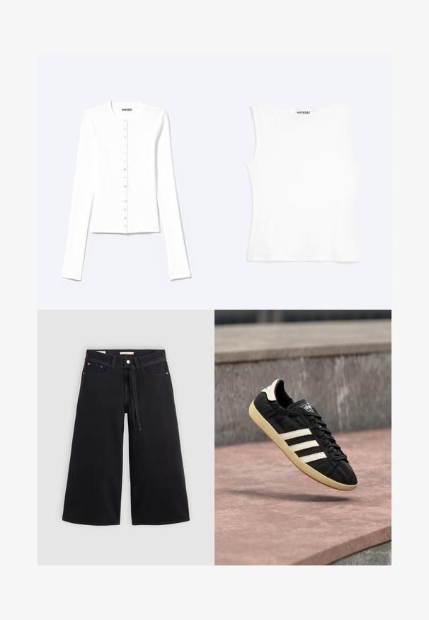 Hvid tætsiddende cardigan med lange ærmer, rund halsudskæring og lynlåslukning foran med trykknapper, mærket "Weekday".; Hvid tætsiddende ærmeløs tanktop med rund halsudskæring og minimalistisk design, mærket "WEEKDAY" indeni kraven.; Sorte brede denimbukser har en snor i livet, bæltestropper, kobberdetaljer og en ren finish. Stoffet er robust og struktureret.; Sort Adidas sneaker med hvide striber og beige sål, fanget i luften over en stenet overflade og baggrund af en stenmur.