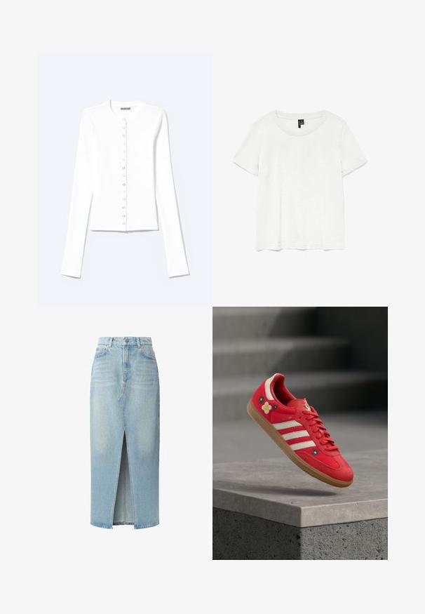 Witte getailleerde cardigan met lange mouwen, een ronde hals en sluiting aan de voorkant met drukknopen, gelabeld "Weekday".; Witte t-shirt met korte mouwen en een ronde hals, gemaakt van lichte stof. Eenvoudig ontwerp, gladde textuur en rechte zoom.; Lichtblauwe denimrok met een voorknijp, vijf zakken en riemlussen. Gemaakt van katoen met een soepele textuur en een lichte vervaging.; Rode sportschoen met witte strepen, bloemrijke borduurwerk en een rubberen zool. Glad stof met suède accenten. Model: Samba.