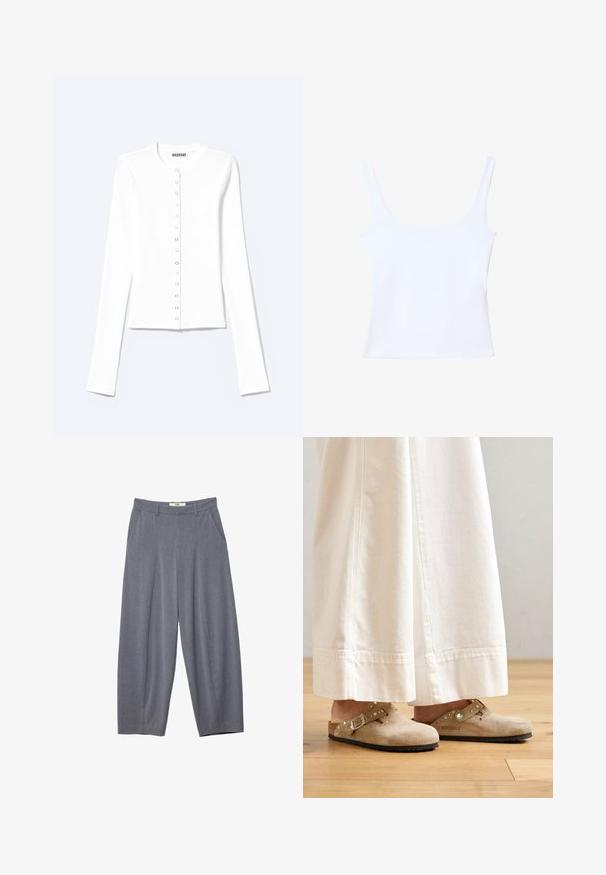Cardigan blanc ajusté à manches longues avec encolure ronde et fermeture à pression sur le devant, étiqueté "Weekday".; Débardeur blanc avec un décolleté carré, des bretelles larges et une coupe ajustée. Fabriqué en tissu lisse et extensible pour le confort.; Stradivarius SMART BAGGY WITH SEAM DETAIL - Pantalon classique - grey; Clogs en suède beige avec une sangle à boucle et des accents cloutés, portés avec un pantalon large blanc, posés sur un sol en bois.