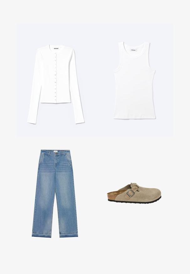 Cardigan blanco ajustado de manga larga con escote redondo y cierre frontal con botones a presión, etiquetado como "Weekday".; Camiseta sin mangas blanca con textura de canalé, cuello redondo y una pequeña etiqueta que dice "WEEKDAY" en el interior del cuello.; Jeans de pierna ancha de cintura alta en azul claro con cierre de botón, bolsillos frontales, pasadores para cinturón y un sutil desgaste.; Zuecos de ante beige con punta redondeada, correa ajustable y hebilla, media suela de corcho y suela de goma negra texturizada para mayor tracción.