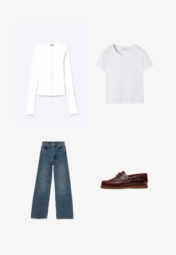 Weißer, taillierter Langarm-Cardigan mit rundem Ausschnitt und vorderem Druckknopfverschluss, mit der Aufschrift „Weekday“.; Schlichtes weißes Kurzarm-T-Shirt mit rundem Ausschnitt und mittlerem Größenetikett, flach auf weißem Hintergrund präsentiert.; Helleblaue Jeans im weiten Schnitt mit hoher Taille, fünf Taschen und kontrastierendem Nähen. Verwaschungen und leichte Abnutzungserscheinungen auf dem Stoff sichtbar.; Brauner Leder-Bootsschuh mit Schnürsenkeln, Nahtdetails und Timberland-Logo an der Seite, auf weißem Hintergrund gezeigt.