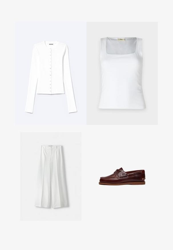 Cardigan blanc ajusté à manches longues avec encolure ronde et fermeture à pression sur le devant, étiqueté "Weekday".; Débardeur blanc à encolure carrée fabriqué en tissu lisse. Présente des bretelles larges et une silhouette ajustée. Aucune motif ou ornement visible.; Pantalons amples blancs avec une taille haute, un pli central et une fermeture à bouton classique. Fabriqués dans un tissu lisse avec un design ajusté.; Chaussure bateau en cuir marron avec lacets, détails de couture et logo Timberland sur le côté, présentée sur un fond blanc.