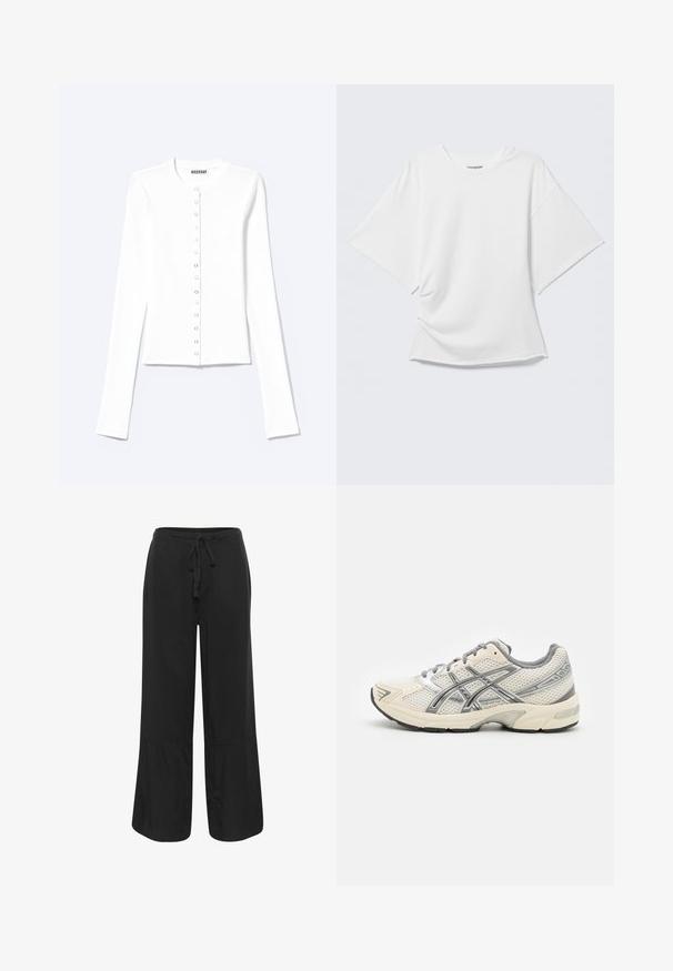 Witte getailleerde cardigan met lange mouwen, een ronde hals en sluiting aan de voorkant met drukknopen, gelabeld "Weekday".; Wit oversized T-shirt met korte mouwen en ronde hals, weergegeven op een lichtgrijze achtergrond.; Culture CUNAVI CLARINA - Broek - black; Hardloopschoenen met een ademend wit mesh bovenwerk, zilveren accenten, grijze veters en een duurzame zwarte rubberen zool. Lichtgewicht, gevoerd ontwerp.