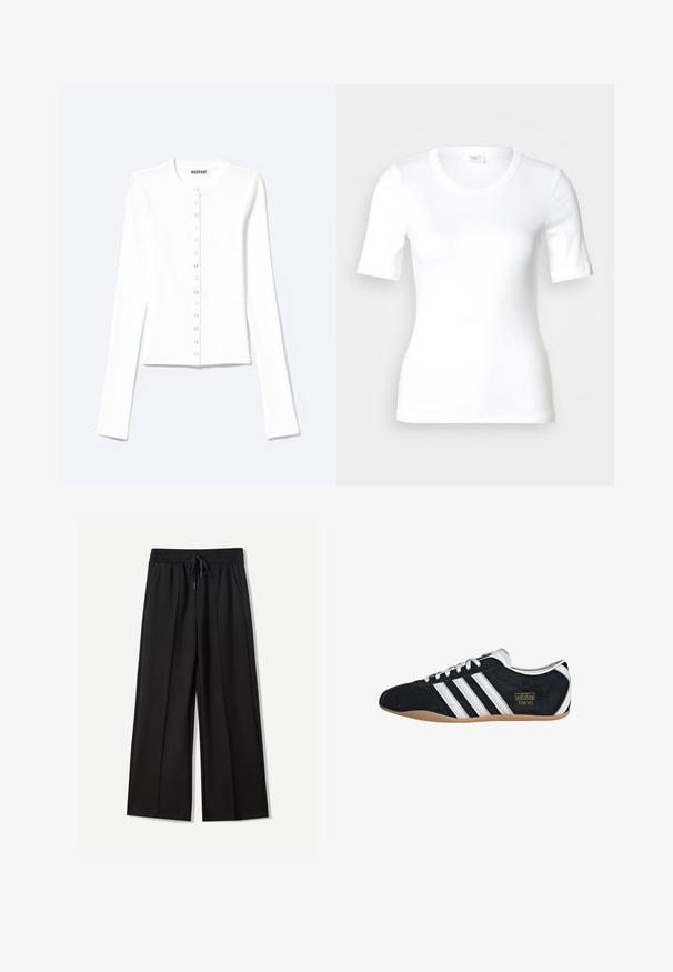 Witte getailleerde cardigan met lange mouwen, een ronde hals en sluiting aan de voorkant met drukknopen, gelabeld "Weekday".; Wit T-shirt met korte mouwen van glad katoen, met een ronde halslijn en een aangesloten pasvorm. Klassiek ontwerp, zonder patronen of accenten.; Zwarte wijde broek van zachte stof. Voorzien van een elastische tailleband met een trekkoord en twee zijzakken. Platte voorkant met plooien.; Zwarte suède sneaker met witte drie strepen, gouden logo en een bruine rubberen zool. Heeft een laag profiel vetersluiting ontwerp.