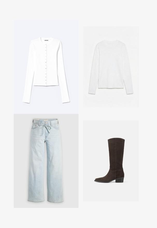 Weißer, taillierter Langarm-Cardigan mit rundem Ausschnitt und vorderem Druckknopfverschluss, mit der Aufschrift „Weekday“.; Schlichtes weißes Langarm-T-Shirt mit Rundhalsausschnitt, flach auf einer weißen Oberfläche liegend, Vorderseite und gesamte Ärmellänge sichtbar.; Helleblaue, weit geschnittene Jeans mit einer Bindeschlaufe, klassischem Fünf-Taschen-Design und subtilen Auswaschungen an den Beinen. Aus Denim-Material.; Dunkelbraune Wildleder-Stiefel in kniehoher Anklelänge mit eckiger Spitze, glatter Textur und einem kurzen, stabilen Absatz. Sie zeichnen sich durch ein minimalistisches Design und klare Linien aus.