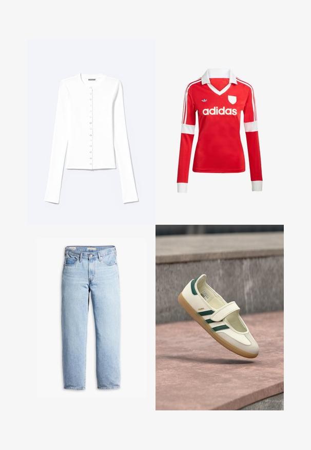 Witte getailleerde cardigan met lange mouwen, een ronde hals en sluiting aan de voorkant met drukknopen, gelabeld "Weekday".; Rode lange mouwen voetbalshirt met een witte kraag en manchetten. Heeft drie witte strepen op de schouders en het "adidas" logo prominent weergegeven.; Lichtblauwe high-waisted rechte spijkerbroek met riemlussen, knoop aan de voorkant, ritssluiting en vijf zakken.; Witte leren schoen met groene strepen, ronde neus, vastgemaakt met een bandje. Gumzool, minimalistisch ontwerp, verhoogde stiksels langs de bovenranden.