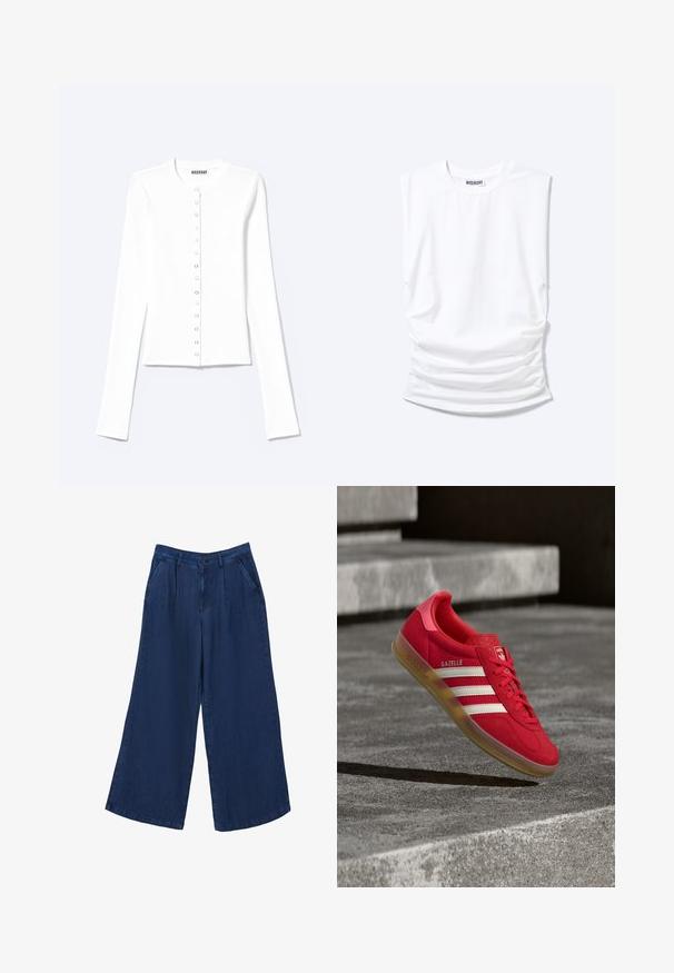 Cardigan blanco ajustado de manga larga con escote redondo y cierre frontal con botones a presión, etiquetado como "Weekday".; Camiseta blanca sin mangas con cuello redondo, hombreras acolchadas y lados fruncidos, colocada plana sobre fondo claro.; Pantalones vaqueros de pierna ancha en azul oscuro. Presentan dos bolsillos frontales, un cierre de botón y una textura suave con una tela ligera.; Zapatilla roja de gamuza con rayas blancas, suela plana de goma y talón texturizado. Presenta la marca "Gazelle" en el lateral y un diseño de punta redondeada.