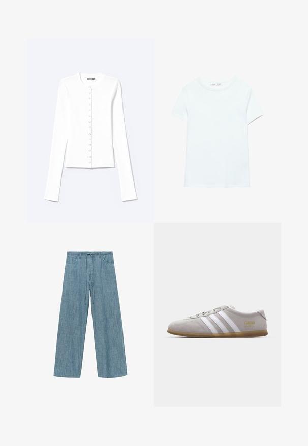 Weißer, taillierter Langarm-Cardigan mit rundem Ausschnitt und vorderem Druckknopfverschluss, mit der Aufschrift „Weekday“.; Schlichtes weißes Baumwoll-T-Shirt mit kurzen Ärmeln und Rundhalsausschnitt, flach auf weißem Hintergrund dargestellt, ohne sichtbare Muster oder Logos.; Hellblaue gestreifte weit geschnittene Hose mit einem Kordelzugbund, ausgestattet mit zwei Fronttaschen und einem weichen, strukturierten Stoff.; Graue Wildleder-Sneaker mit weißen Lederstreifen und goldenen Logodetails. Flache Gummisohle, abgerundete Zehenpartie und klassisches Schnürverschlussdesign.