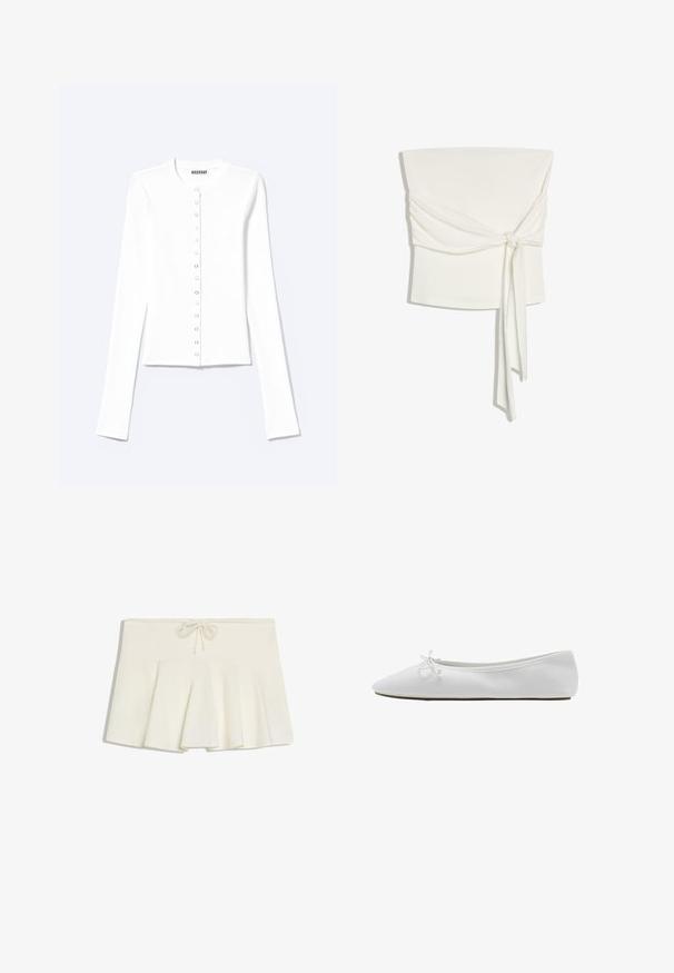 Cardigan blanc ajusté à manches longues avec encolure ronde et fermeture à pression sur le devant, étiqueté "Weekday".; Haut court blanc sans bretelles avec une large ceinture nouée en un noeud lâche à l'avant, tombant de façon asymétrique.; Mini-jupe plissée blanche avec une taille à cordon et un tissu doux et structuré, posée à plat sur un fond blanc.; Ballerine blanche à bout pointu avec un petit nœud sur le dessus et une semelle basse et plate.