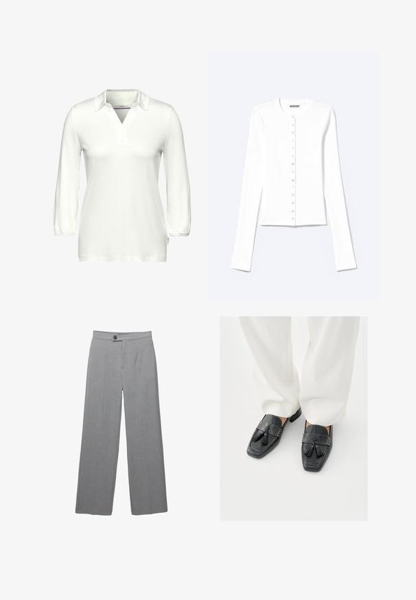 Cardigan blanc ajusté à manches longues avec encolure ronde et fermeture à pression sur le devant, étiqueté "Weekday".; Polo-shirt blanc à manches longues en tissu doux, avec un col en V et une patte de boutonnage. Poignets élastiques et étiquette sur le côté.; Pantalons gris ajustés avec une coupe large, devant plat et texture subtile. Comprend une fermeture à un bouton et des lignes épurées.; Mocassins en cuir noir avec pampilles, présentant des bouts carrés et des coutures décoratives, assortis à un pantalon blanc à jambes larges.