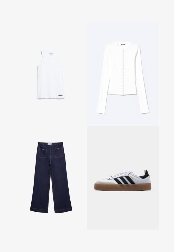 Weißer, taillierter Langarm-Cardigan mit rundem Ausschnitt und vorderem Druckknopfverschluss, mit der Aufschrift „Weekday“.; Weißes Tanktop aus Baumwolle. Verfügt über breite Träger und einen abgerundeten Halsausschnitt. Enthält ein kleines Markenlabel unten links.; Dunkelblaue Jeans mit weitem Bein aus Denim, zwei vorderen Taschen, sichtbaren Nähten und einem Knopfverschluss. Sie haben einen geraden Schnitt und einen ausgefransten Saum.; Weiße Leder Sneakers mit schwarzen Streifen, Gummigummi-Außensohle, runder Zehenform, Schnürverschluss und weichem grauem Wildleder-Zehenkappe.