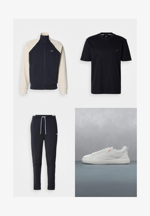 Marineblaue und cremefarbene Sweatjacke mit Reißverschluss, Stehkragen, Raglanärmeln, Fronttaschen und "BOSS"-Logo auf der Brust. Weiche Stoffstruktur.; Schwarzes T-Shirt mit kurzen Ärmeln aus weicher Baumwolle, mit Rundhalsausschnitt und kleinem, rundem Logo auf der Brust. Minimalistisches Design, keine Muster.; Schwarze Slim-Fit-Jogginghose mit weißem Kordelzug, elastischem Bund mit weißen Streifen und kleinem weißen Logo am oberen Oberschenkel.; Weiße Sneaker aus glattem Leder, runde Spitze, vier Ösen, dezente Perforationen und ein rotes Logodetail an der Seite.