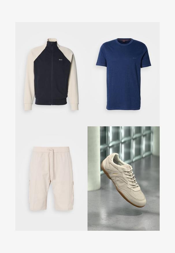 Marineblå og cremefarvet sweatshirttop med lynlås, stående krave, raglanærmer, forlommer og "BOSS"-logo på brystet. Blød stoftekstur.; Marineblå T-shirt med korte ærmer, rund hals, lavet af blødt stof med en diskret struktur; har en lille mærkningslogo i øverste venstre hjørne.; Beige cargoshorts med elastisk talje og snor, der har to sidelommer og et glat, let materiale.; Beige ruskindsneaker med gummisål og snørebånd, præget med "HUGO", placeret i luften mod en baggrund af glasblokvæg og betongulv.