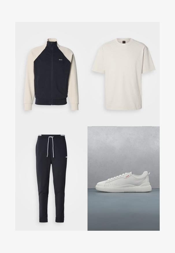Marineblaue und cremefarbene Sweatjacke mit Reißverschluss, Stehkragen, Raglanärmeln, Fronttaschen und "BOSS"-Logo auf der Brust. Weiche Stoffstruktur.; Kurzärmliges T-Shirt mit Rundhalsausschnitt aus Baumwolle in Off-White, mit geradem Schnitt und minimalem Branding am Kragen. Weiche Textur, keine Muster.; Schwarze Slim-Fit-Jogginghose mit weißem Kordelzug, elastischem Bund mit weißen Streifen und kleinem weißen Logo am oberen Oberschenkel.; Weiße Sneaker aus glattem Leder, runde Spitze, vier Ösen, dezente Perforationen und ein rotes Logodetail an der Seite.