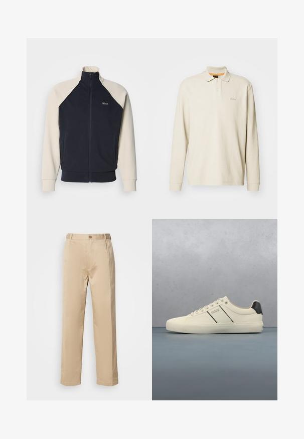 Sudadera con cremallera azul marino y crema con cuello alzado, mangas raglán, bolsillos delanteros y logo "BOSS" en el pecho. Textura de tela suave.; Camisa polo de manga larga en beige claro, con un tejido texturizado, un cuello clásico, dos botones y un sutil logo bordado en el pecho.; Pantalones beige hechos de una tela ligera, con un diseño de pierna recta, cinturilla con trabillas y un solo botón en la parte frontal.; Zapatillas de color crema con una textura suave, que presentan acentos y marcas en negro. Diseño clásico de cordones con punta redonda y suela de goma.