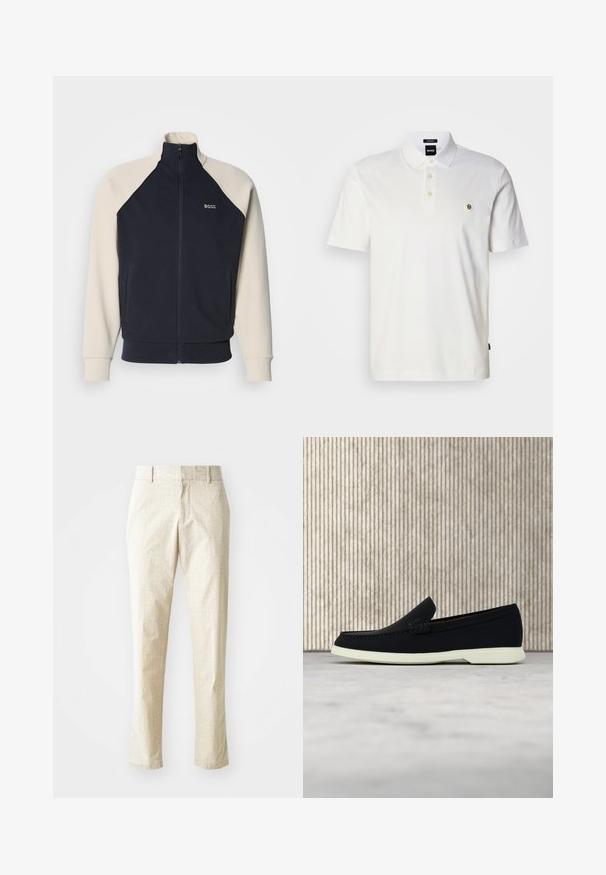 Marineblå og cremefarvet sweatshirttop med lynlås, stående krave, raglanærmer, forlommer og "BOSS"-logo på brystet. Blød stoftekstur.; Hvid polo lavet af bomuld, med tre-knaps lukning, korte ærmer og en lille broderet logo på venstre bryst.; Lys beige skræddersyede bukser med et tekstureret mønster, lige pasform og medium høj talje, der har bæltestropper og ingen synlige lommer.; Sort slip-on sko med afrundet tå, der har en tekstureret overdel, glat hvid sål og en subtil branddetalje på siden.