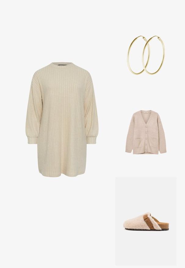 Beige cardigan lavet af blødt, fluffy materiale. Har V-udskæring, seks dekorative knapper, to forlommer og en afslappet pasform.; Beige ribbet kjole med høj rund halsudskæring og lange puffærmer. Blød tekstur, knælang længde og subtil vertikal mønsterdetalje.; Beige shearling slip-on klipklapper med en brun suedebånd, korkfod og struktureret gummiyderside, designet til komfort og afslappet brug.; Guld hoops øreringe med et glat, rundt design og en blank finish. Letvægts konstruktion med en sikker låsemekanisme.