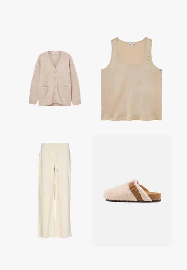 Beige cardigan lavet af blødt, fluffy materiale. Har V-udskæring, seks dekorative knapper, to forlommer og en afslappet pasform.; Reiss REGULAR FIT - Bluse - neutral; Bredde benbukser i creme, lavet af et tekstureret stof med et ribbet mønster. Har en elastisk talje med snøre for justerbarhed.; Beige shearling slip-on klipklapper med en brun suedebånd, korkfod og struktureret gummiyderside, designet til komfort og afslappet brug.