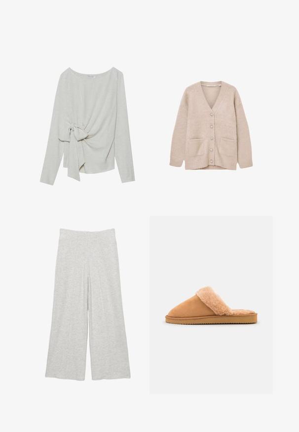 Beige vest gemaakt van zacht, pluizig materiaal. Heeft een V-hals, zes decoratieve knopen, twee frontzakken en een losse pasvorm.; Langsleeve top in lichtbeige linnenmix, met een gedraaide knoopdetails aan één zijde, ronde halslijn en een losse pasvorm.; Lichtgrijze broek met wijde pijpen, gemaakt van zachte stof, met een hoge tailleband en subtiele naaddetails aan de voorkant.; Even&Odd Pantoffels - cognac