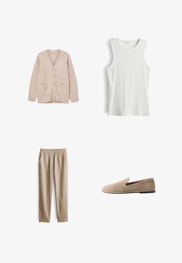 Beige vest gemaakt van zacht, pluizig materiaal. Heeft een V-hals, zes decoratieve knopen, twee frontzakken en een losse pasvorm.; Witte mouwloze geribbelde tanktop met ronde hals, maat 36, met verticale textuurstrepen in het midden.; Beige elastische broeken met een tailleband, twee voorzakken, taps toelopende pijpen en een gladde textuur, geschikt voor casual kleding.; Beige suède instapschoen met afgeronde neus, lage platte hak, doorgenaaide zool en elastische zij inzet voor gemakkelijk aan- en uittrekken.