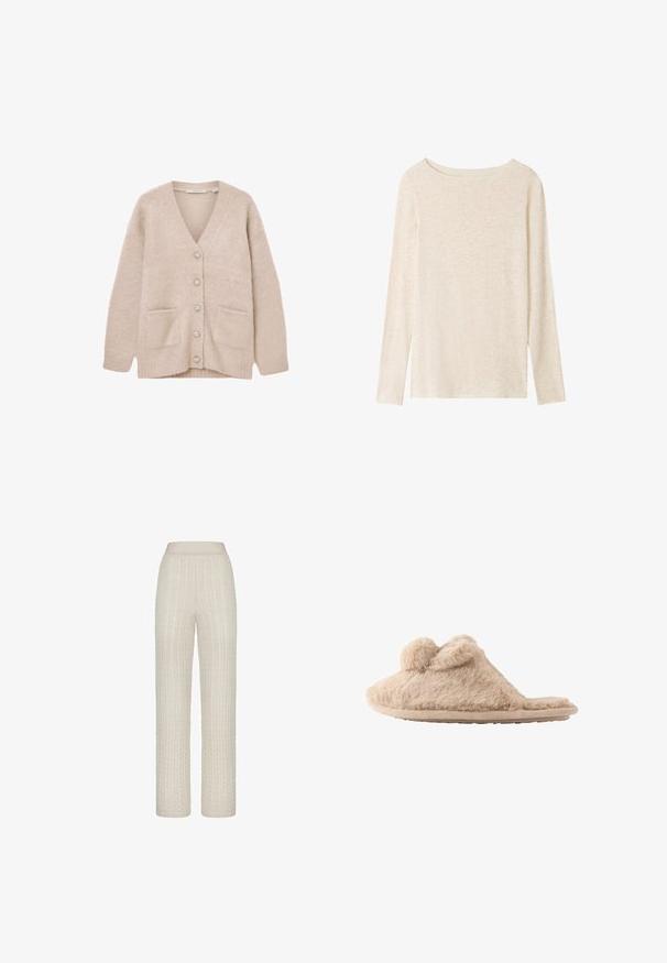 Beige cardigan lavet af blødt, fluffy materiale. Har V-udskæring, seks dekorative knapper, to forlommer og en afslappet pasform.; Langærmet, lysebeige striktop med bådudskæring og subtil meleret tekstur.; Lys beige kabelstrikkede bukser med en bred talje, der har hævede teksturmønstre og en afslappet, lige pasform.; Beige, fløjlsblød hjemmesko med to pomponer på toppen og en flad sål, designet til indendørs brug.