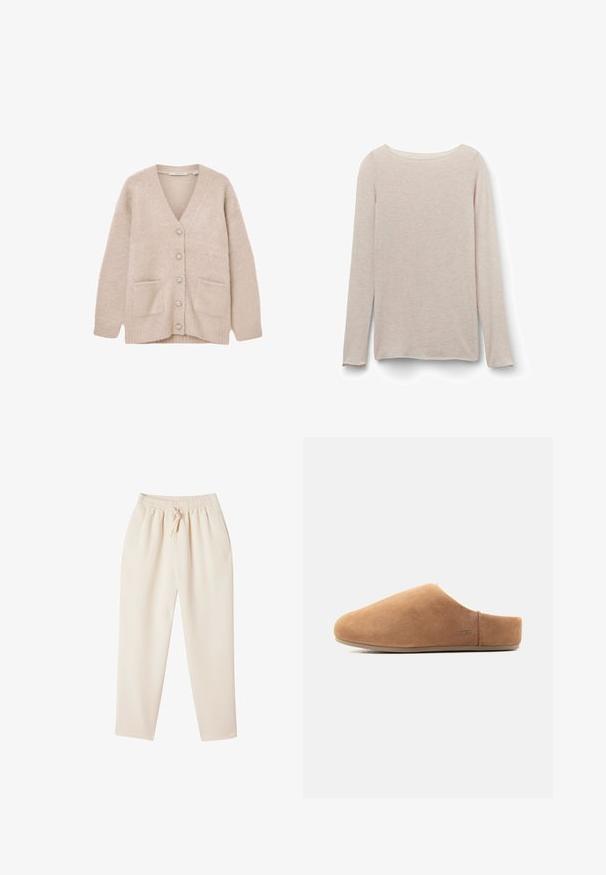 Beige cardigan lavet af blødt, fluffy materiale. Har V-udskæring, seks dekorative knapper, to forlommer og en afslappet pasform.; Lyserød langærmet t-shirt med afslappet rund halsudskæring, lavet af blødt stof med en subtil meleret tekstur.; Beige loungbukser med en afslappet pasform, elastisk talje, snoretræk og sidelommer. Fremstillet af et blødt, struktureret stof.; Tan ruskind slip-on hjemmesko med lukket tå, åben hæl, flad sål og lille UGG-logo på siden, vist i profil.